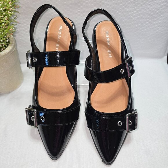 MADDEN GIRL BLACK PATENT LEATHER DOUBLE BUCKLE SLING BACK FLATS WOMENS SIZE 9 - Picture 10 of 10